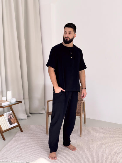 Men's Black Cotton Beach Outfit , Modern 2-Piece Set , Short Sleeve Shirt and Shorts