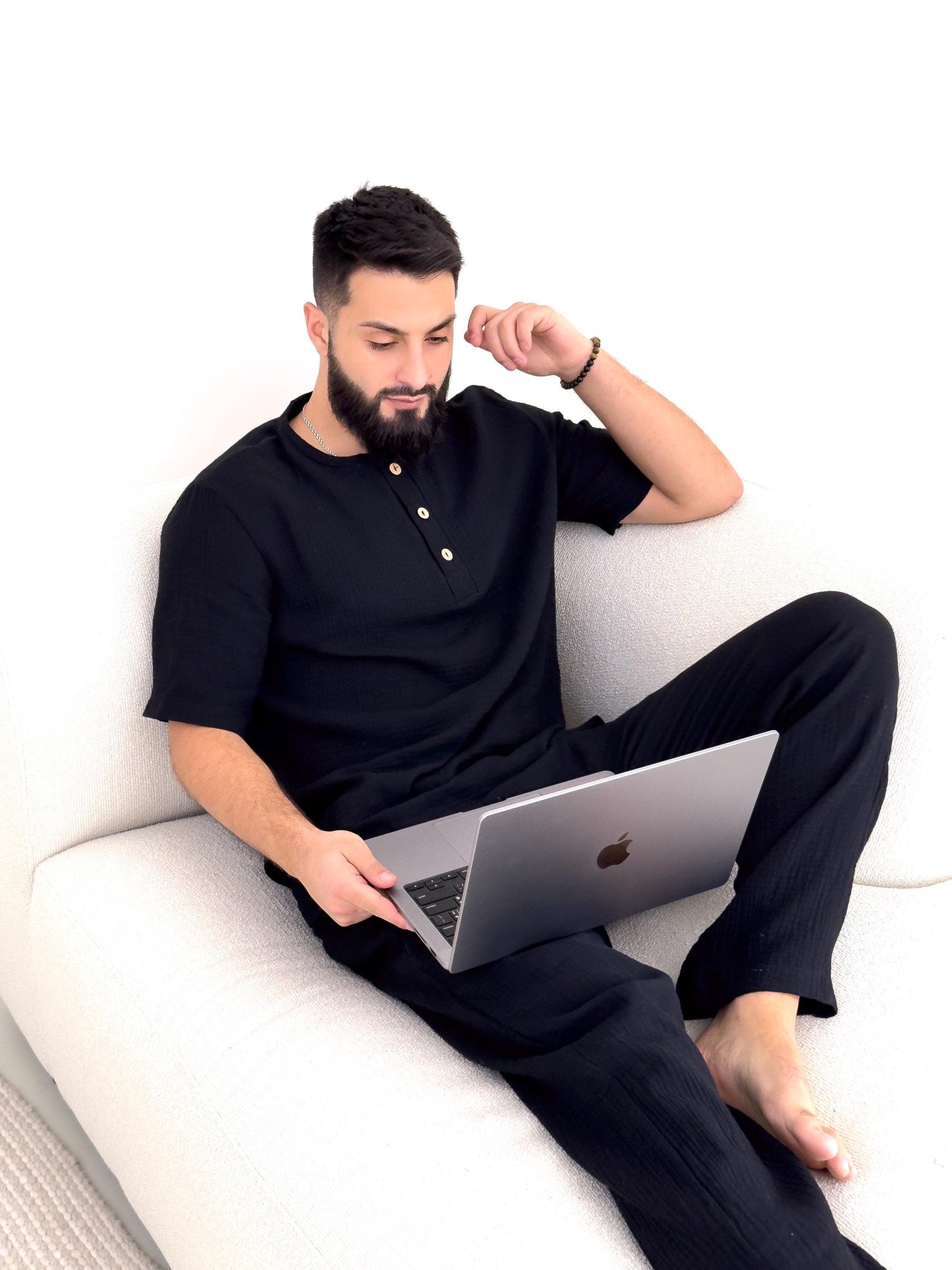 Men's Black Cotton Beach Outfit , Modern 2-Piece Set , Short Sleeve Shirt and Shorts