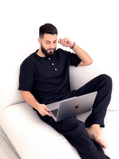 Men's Black Cotton Beach Outfit , Modern 2-Piece Set , Short Sleeve Shirt and Shorts