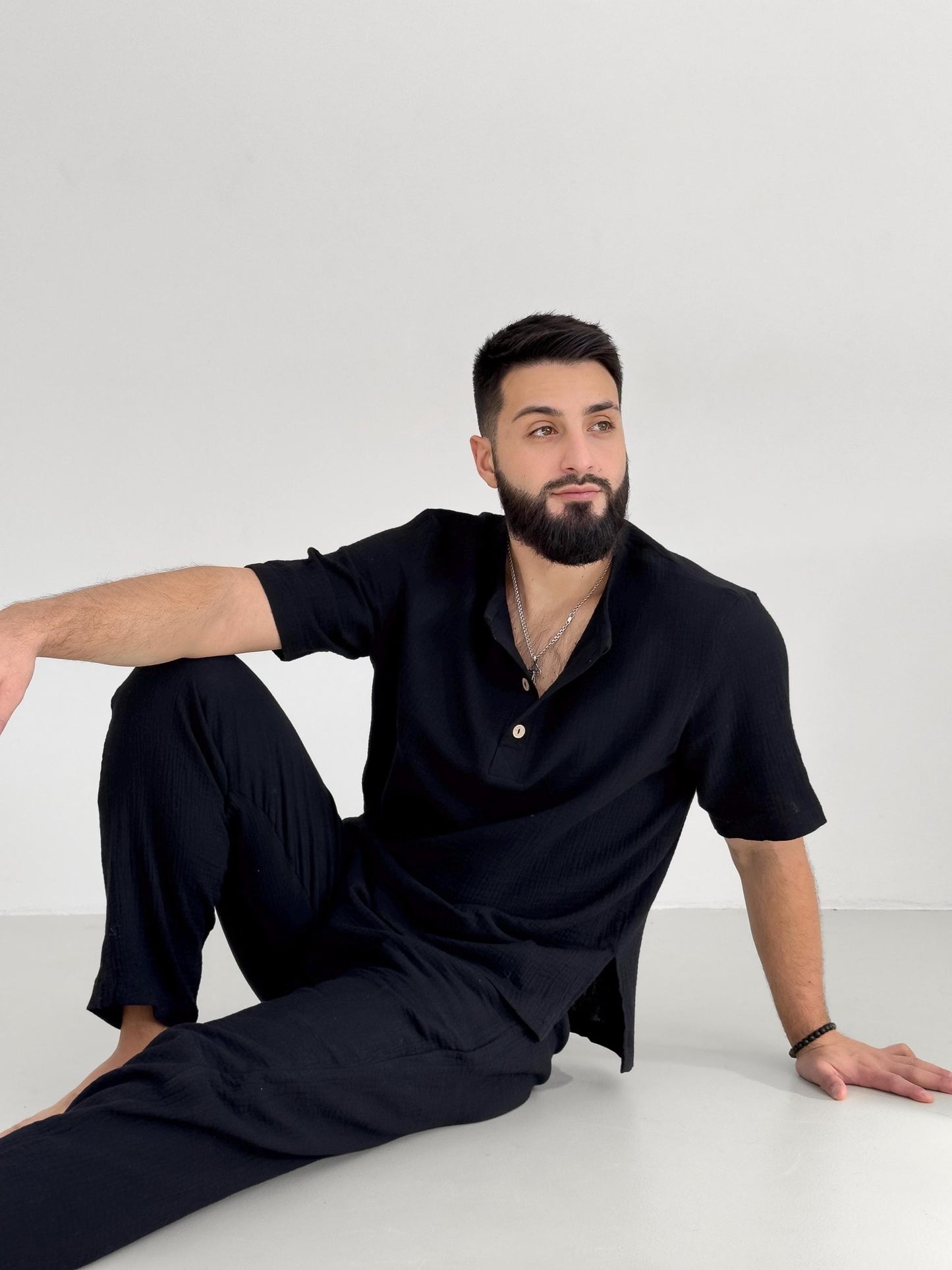 Men's Black Cotton Beach Outfit , Modern 2-Piece Set , Short Sleeve Shirt and Shorts