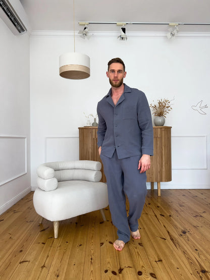 Men's Black Muslin Pajama Set , Long Sleeve Cotton Sleepwear
