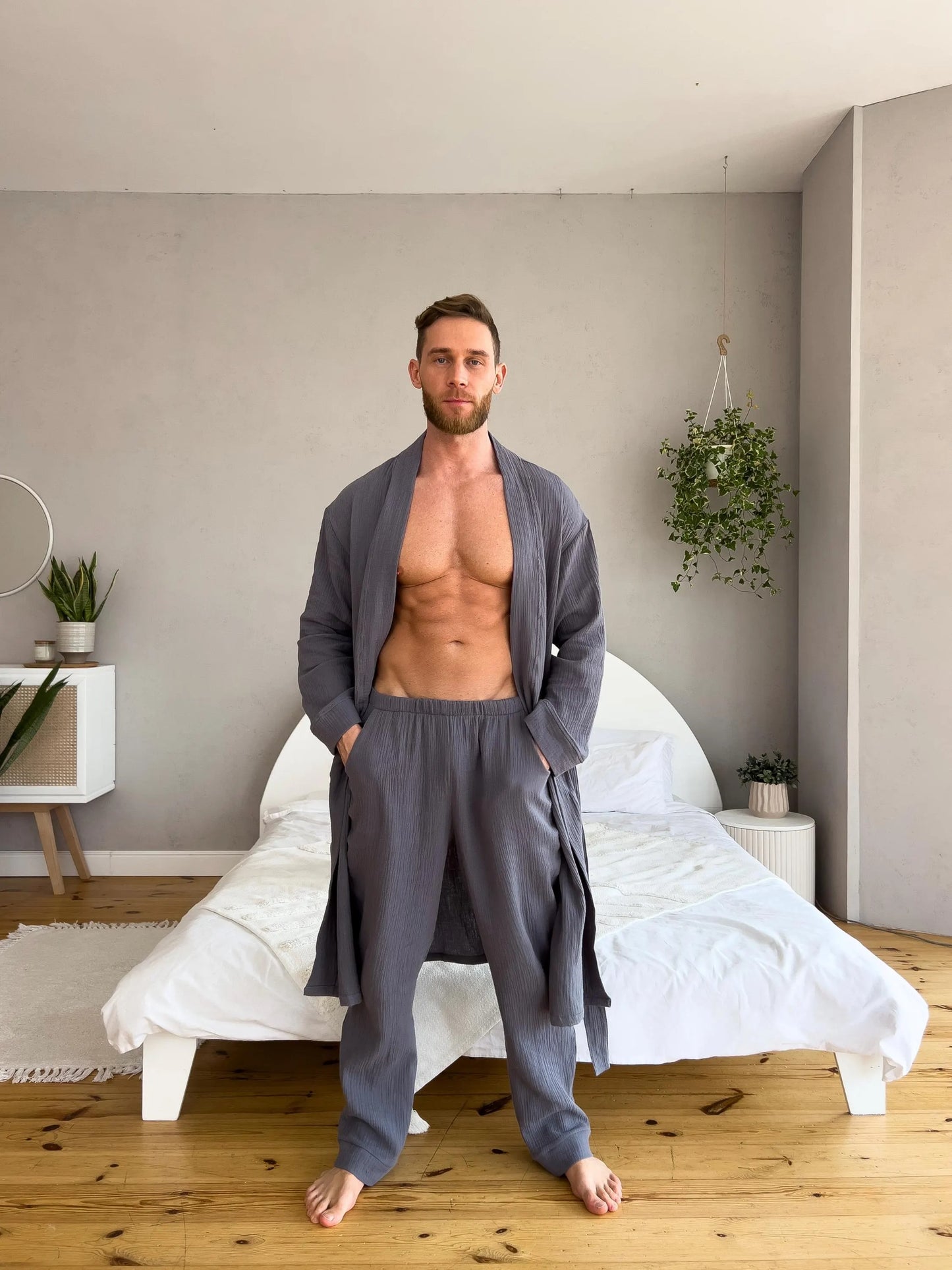 Men's Black Muslin Pajama Set , Long Sleeve Cotton Sleepwear