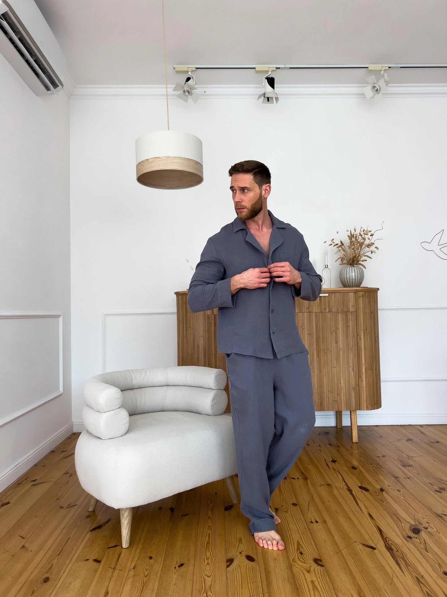 Men's Muslin Pajama Set , Gray Cotton Sleepwear, Button-Down Shirt and Pants