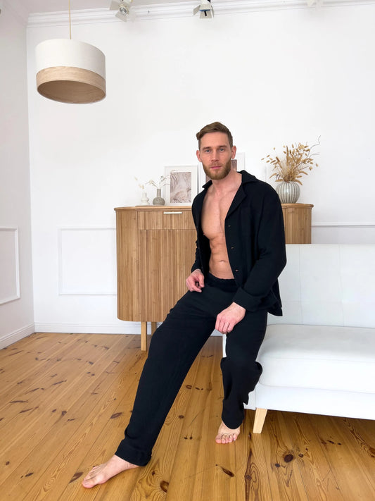 Men's 100% Muslin Pajama Set , Long Sleeve Button-Down Sleepwear