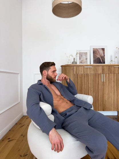 Men's Muslin Pajama Set , Gray Cotton Sleepwear, Button-Down Shirt and Pants