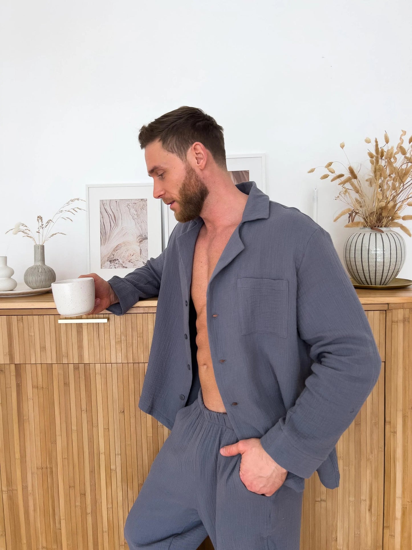 Men's Muslin Pajama Set , Gray Cotton Sleepwear, Button-Down Shirt and Pants