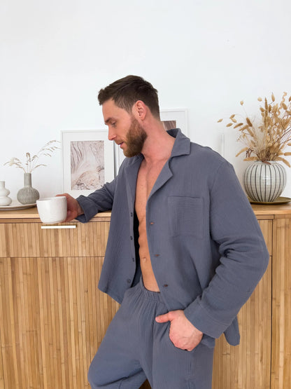 Men's Muslin Pajama Set , Gray Cotton Sleepwear, Button-Down Shirt and Pants